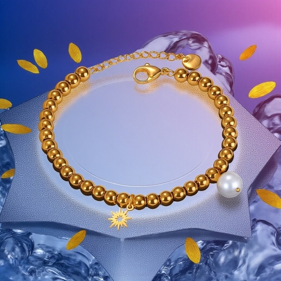 ๐๏ธ18K Gold Plated Stainless Steel Beaded Bracelet with Sun & Pearl Charms โจ - Picture 9 of 14